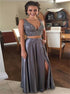 A Line Two Piece V Neck Beaded Silver Satin Prom Dress with Slit LBQ3124